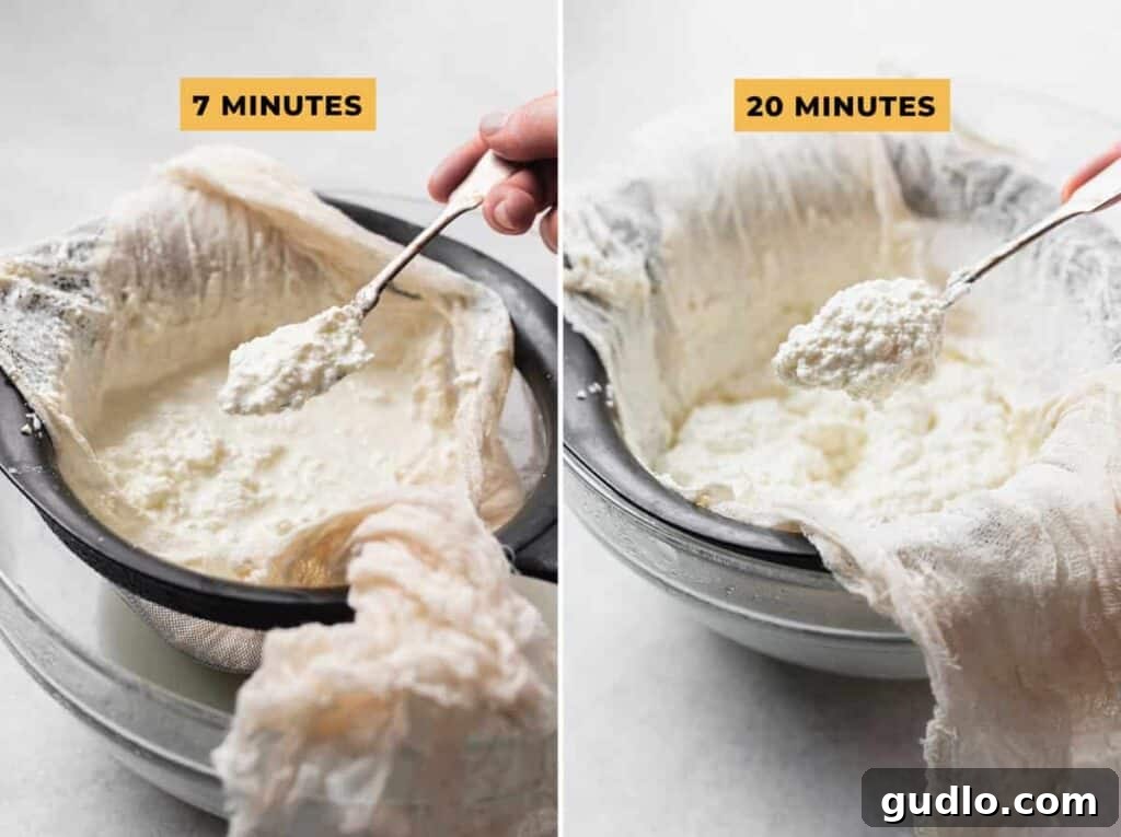 Homemade ricotta cheese is a brilliant way for anyone to begin their journey into home cheesemaking. The magic of turning fresh milk and cream into delicate curds and whey is deeply satisfying and deliciously simple! Close-up of fresh homemade ricotta cheese straining in a cheesecloth-lined colander, with delicious creamy curds visible.