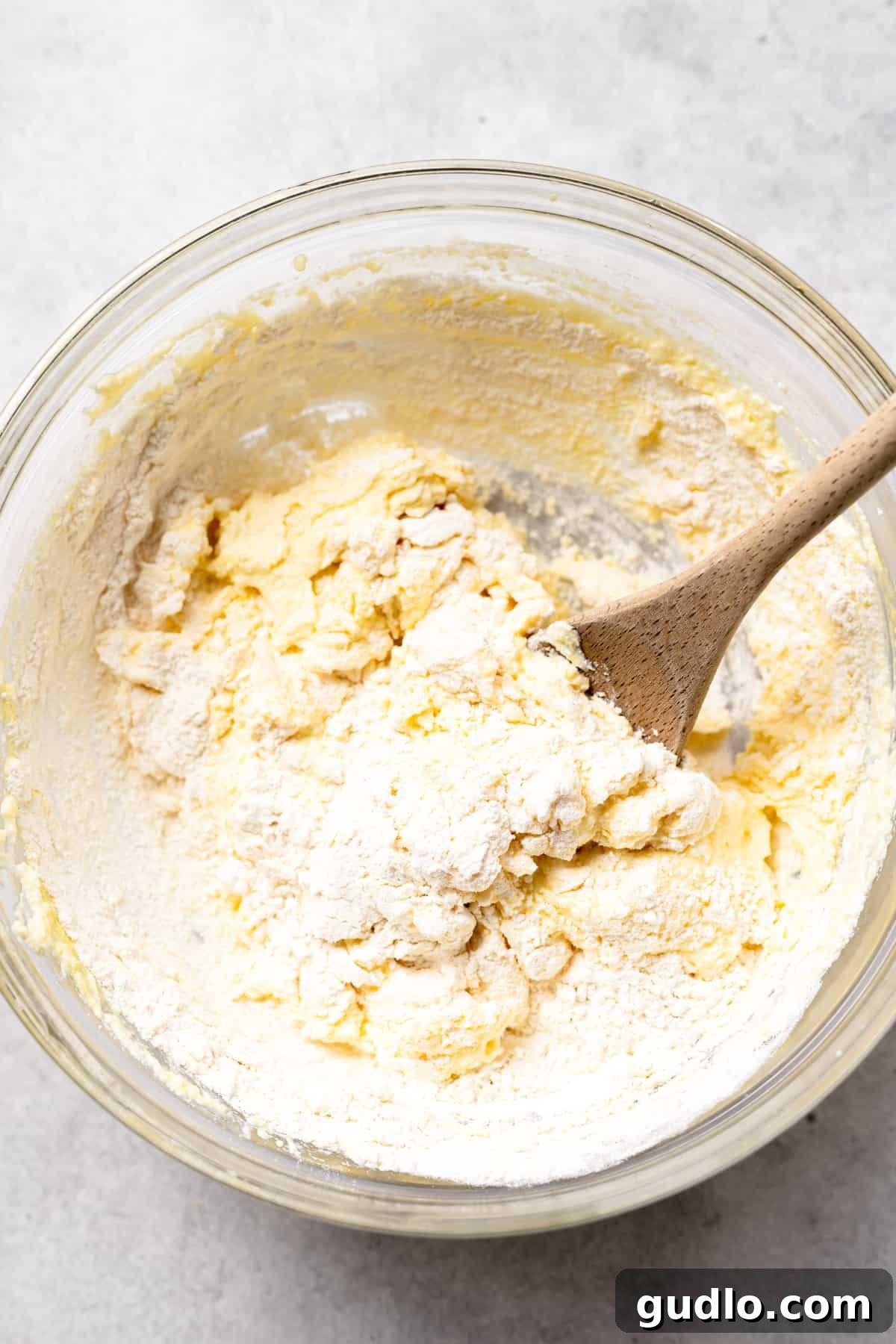 Preparing Ricotta Gnocchi Dough Close-up photograph of a bowl containing ricotta gnocchi dough being mixed together, showcasing its soft, cohesive, and slightly sticky texture before shaping.
