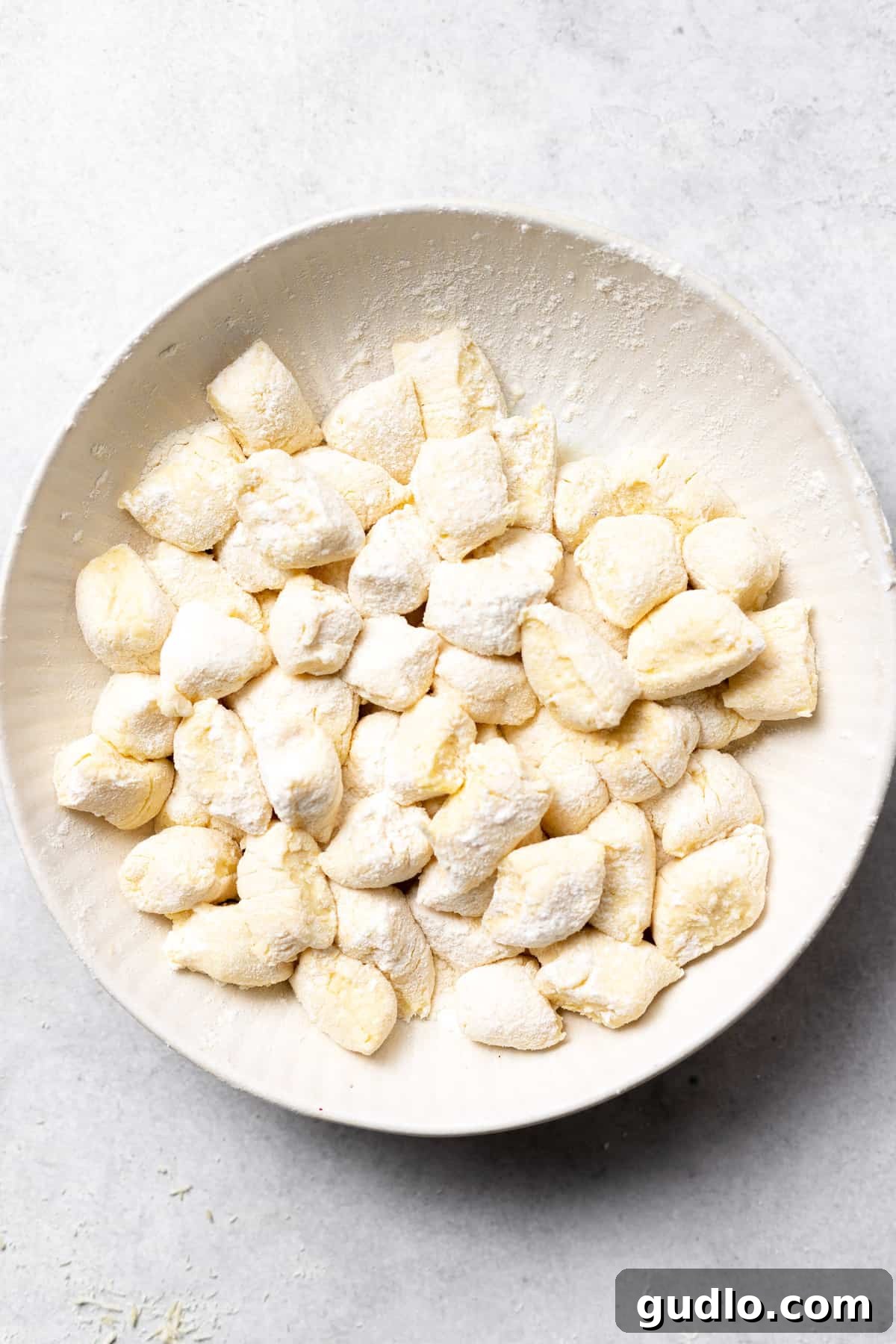 Uncooked Ricotta Gnocchi Ready for Cooking Uncooked ricotta gnocchi carefully arranged in a bowl, lightly dusted with flour, waiting to be transferred to boiling water.