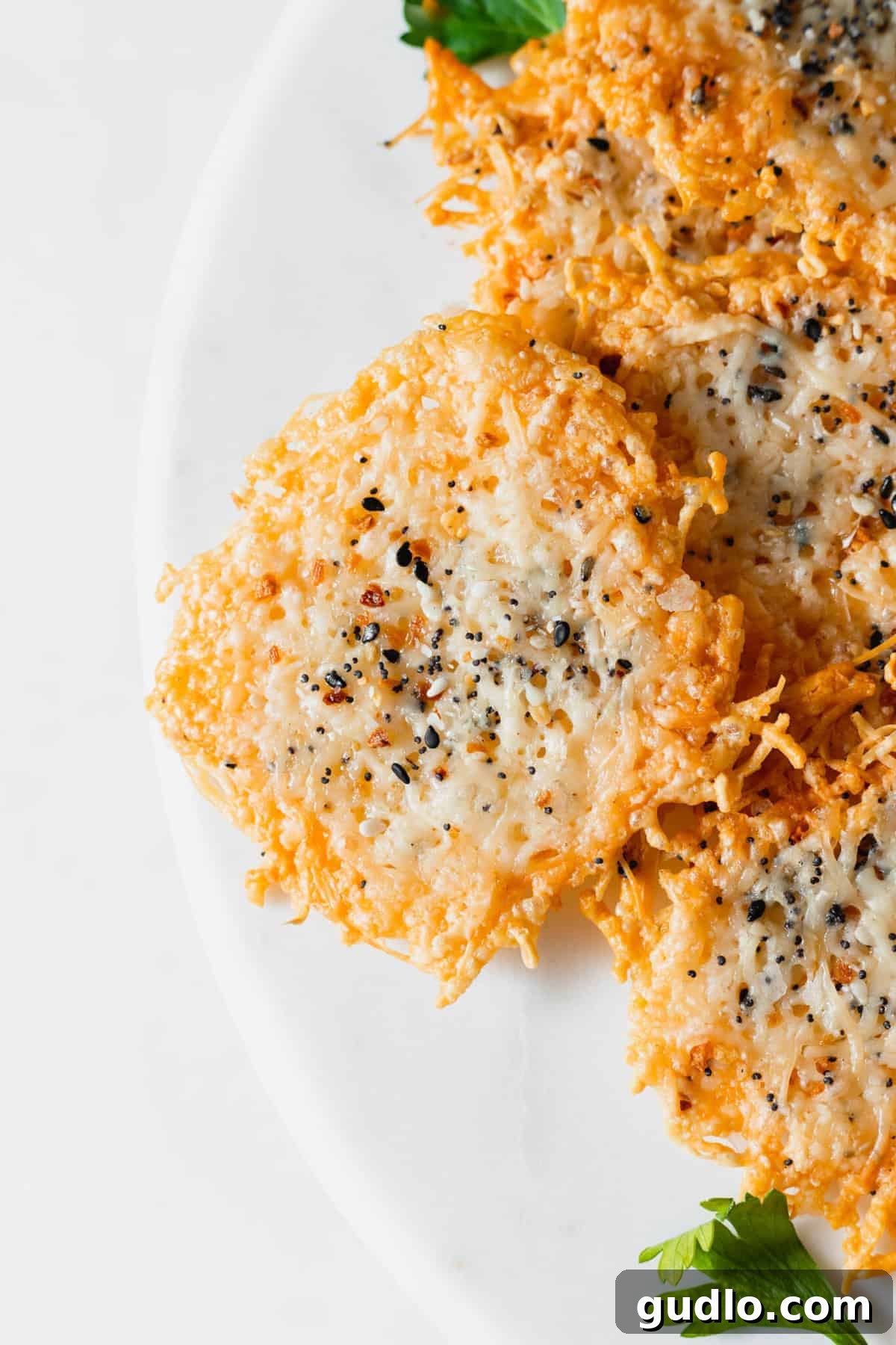A vibrant display of freshly baked parmesan crisps, some plain and some seasoned, arranged on a rustic plate, ready for various serving ideas.