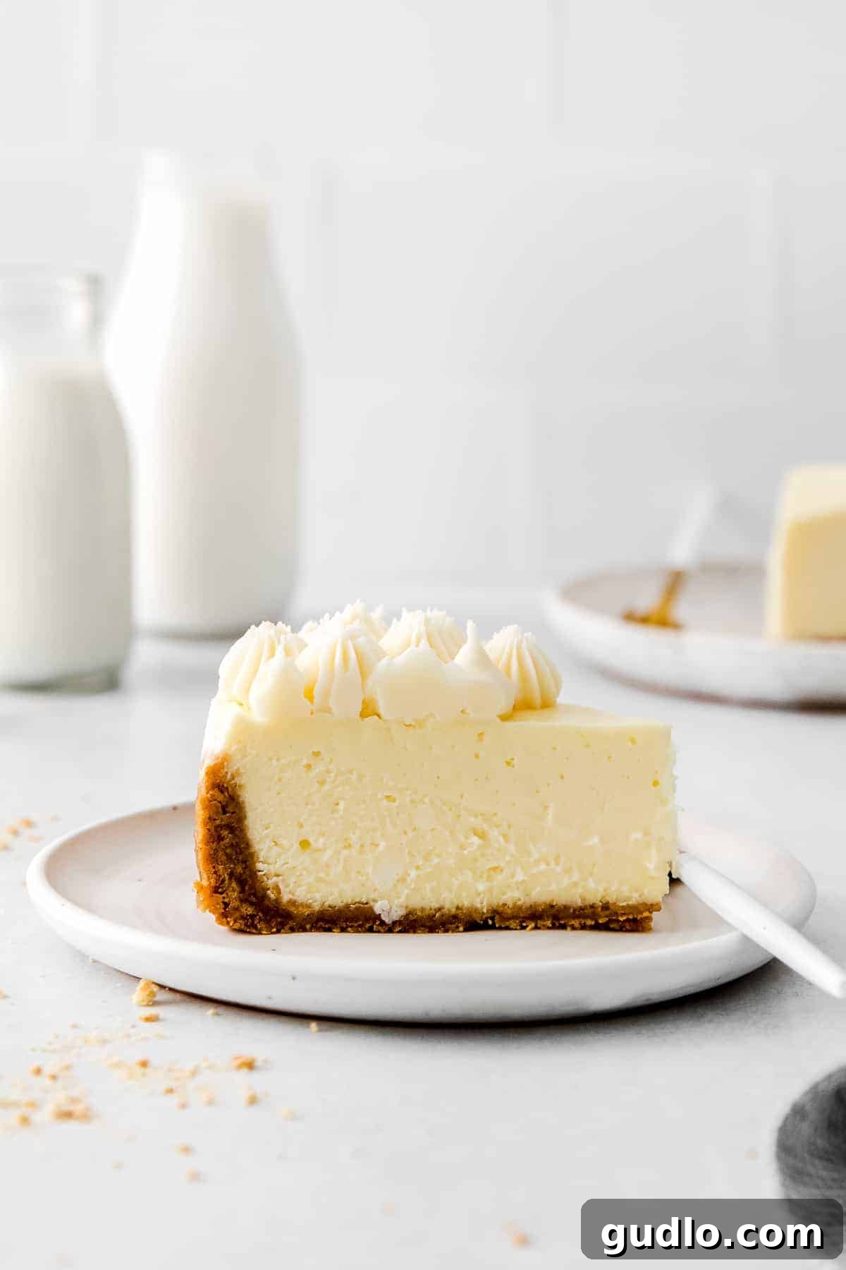 The Ultimate Cheesecake Experience A delectable slice of Instant Pot cheesecake artfully presented on a white plate, ready to be enjoyed.