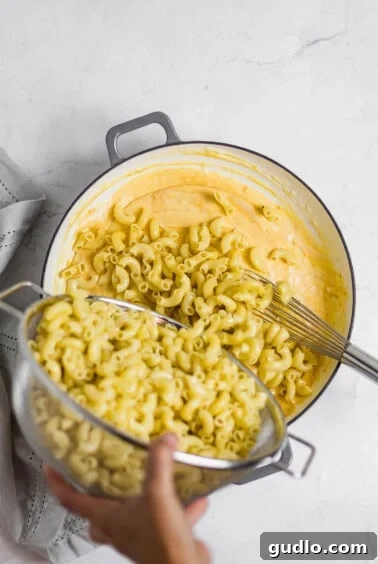 The Definitive Mac and Cheese Sauce 10 Adding cooked noodles to the pot of cheese sauce.
