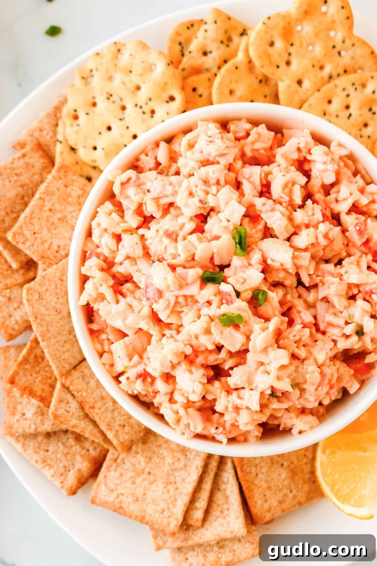 Cool & Creamy Crab Dip 6 A close-up shot of creamy crab dip in a glass bowl, with crackers artfully arranged around it, highlighting its texture and inviting presentation.