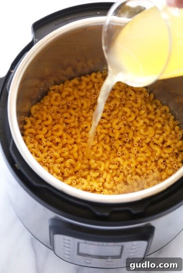 A person pouring a dark liquid (likely broth) into an Instant Pot containing uncooked macaroni and sautéed garlic, alongside a bottle of hot sauce.