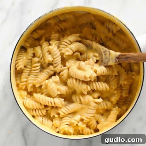 Gluten-free mac and cheese in a large pot, ready to be served.