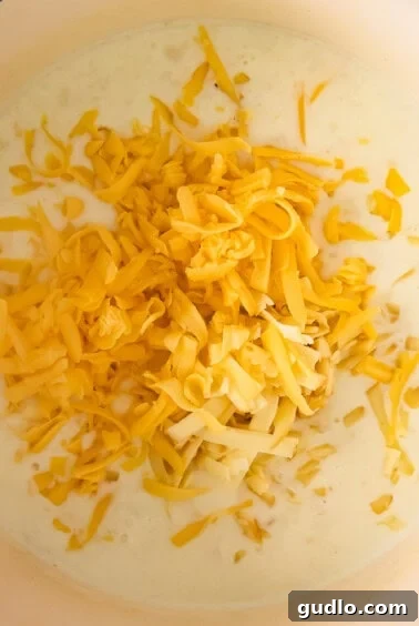 Melted cheddar cheese being stirred into a creamy roux in a pot.