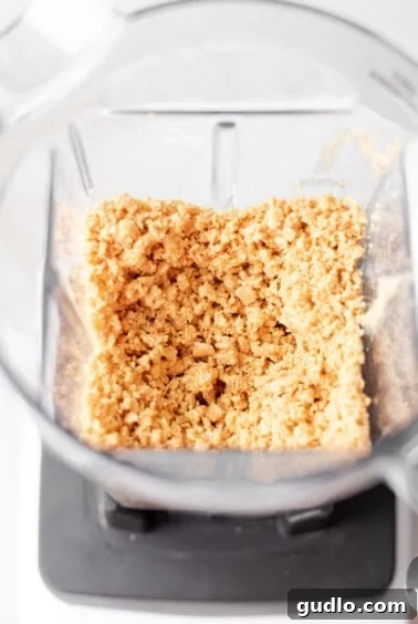 Graham crackers and butter being processed in a blender for the crust.