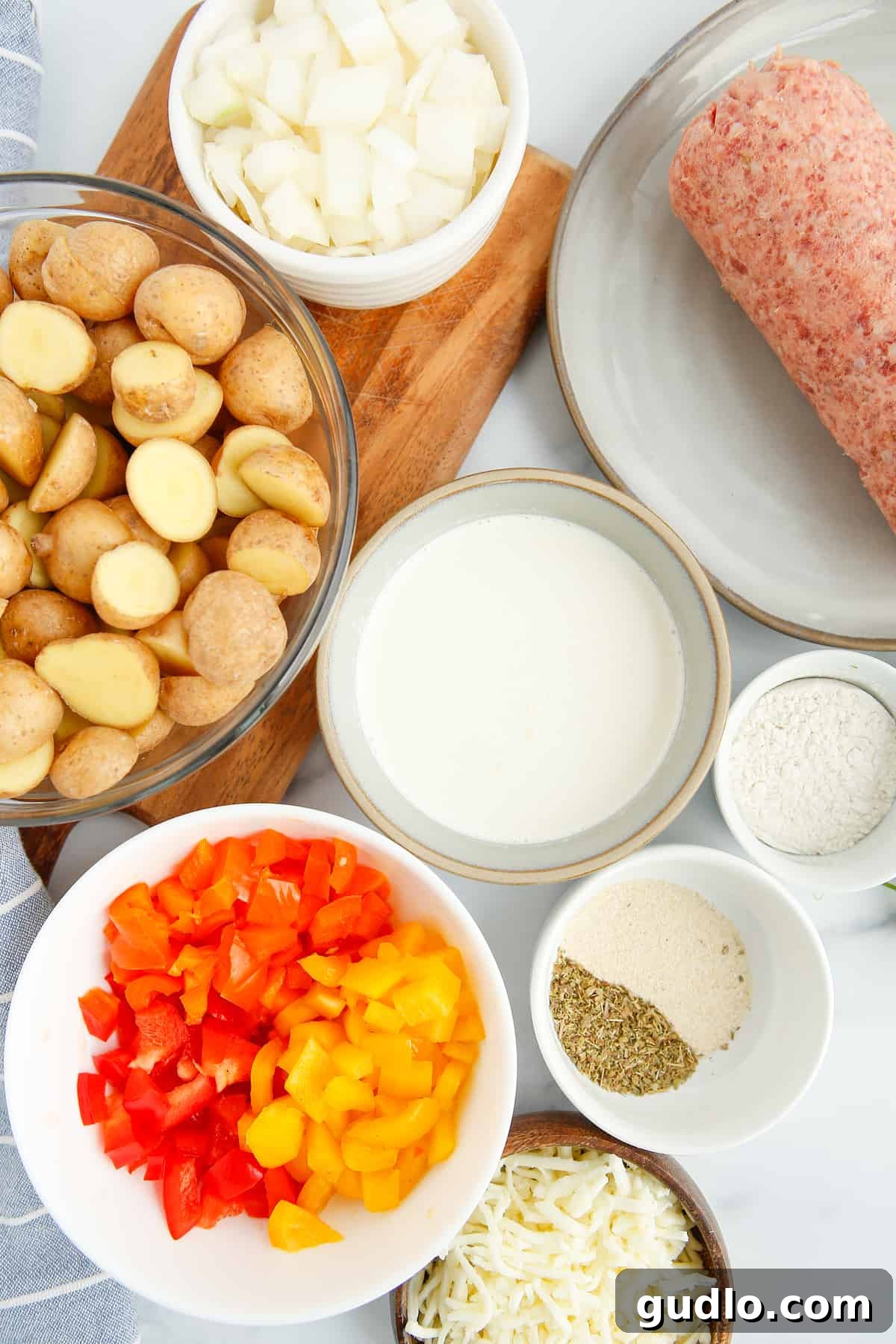 Sizzling Skillet Breakfast Potatoes 3 All the fresh ingredients laid out for making skillet breakfast potatoes.