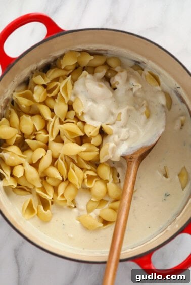 Cooked noodles being folded into a creamy mac and cheese sauce.