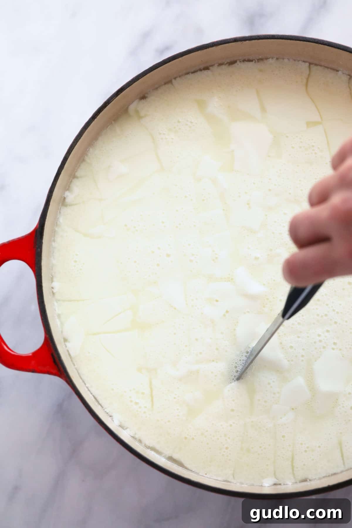 The Art of Making Queso Fresco at Home 5 Cutting the firm queso fresco curd into smaller pieces with a whisk.