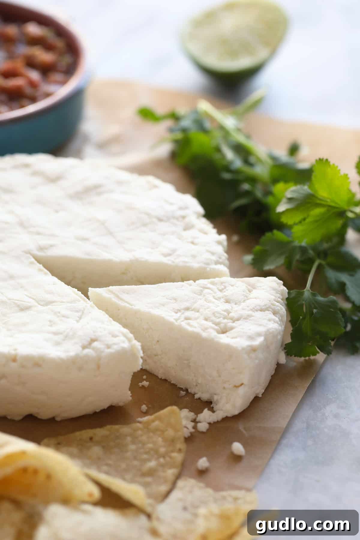 The Art of Making Queso Fresco at Home 10 Homemade queso fresco served with chips and salsa.