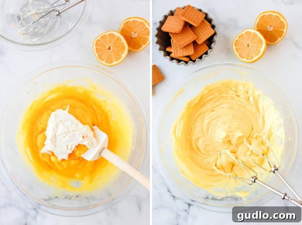 mixing lemon cheesecake filling with a spatula