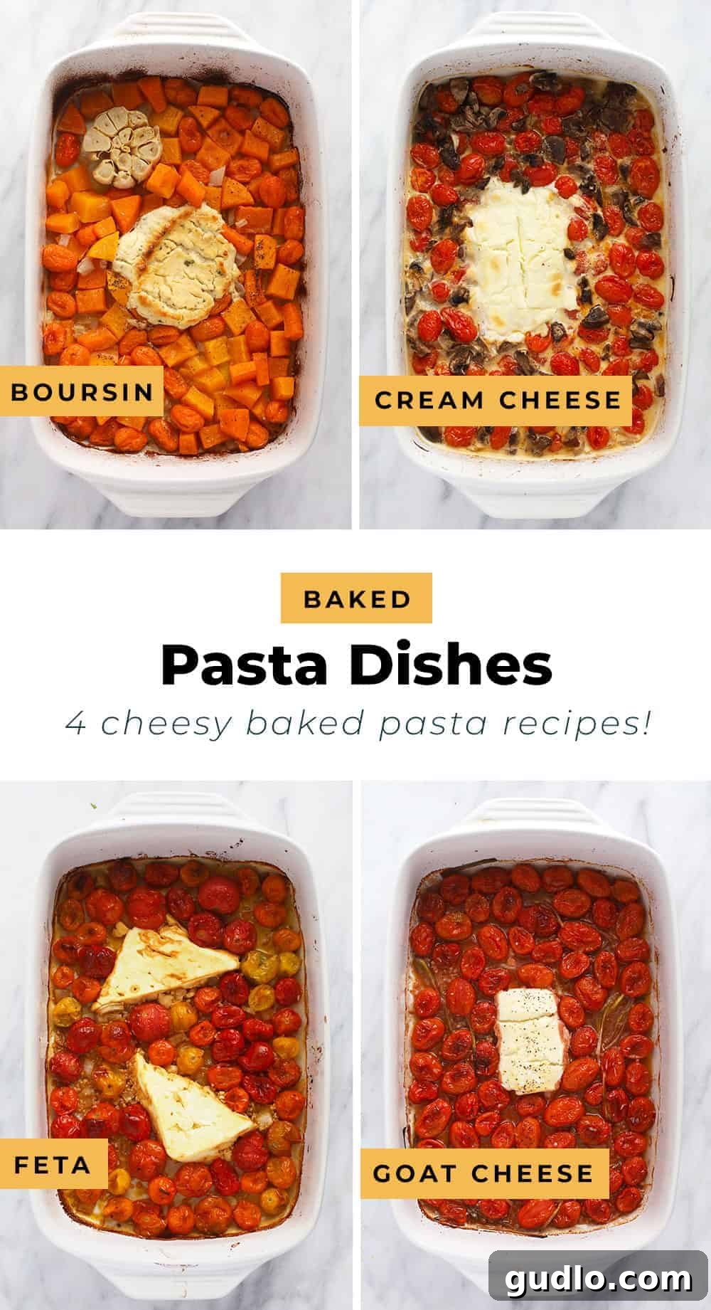 TikTok's Ultimate Cheesy Baked Pasta Craze 2 Four varieties of easy cheesy baked pasta dishes, showcasing feta, goat cheese, cream cheese, and Boursin options, ready to be added to your weekly menu.