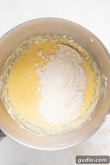 Zesty Lemon Ricotta Cloud Cake 4 A mixing bowl with lemon ricotta cake batter in it.