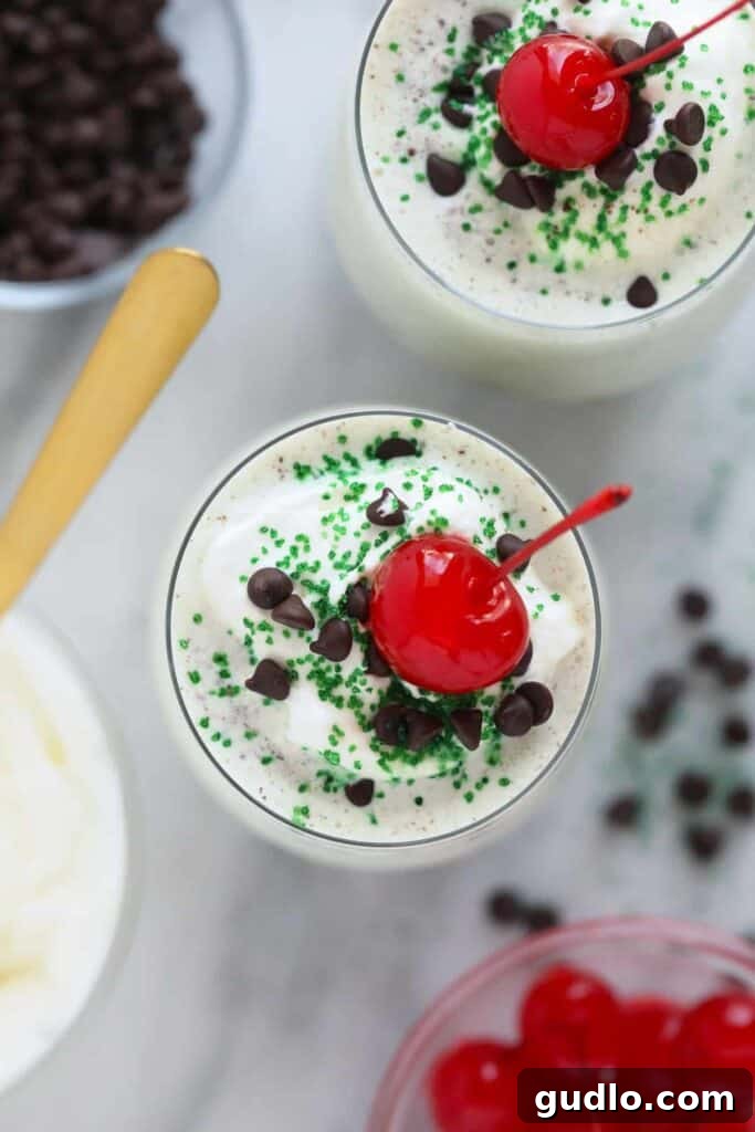 Creamy Mint Shamrock Shake 6 A beautifully presented Shamrock Shake in a glass, generously topped with whipped cream, a bright red cherry, and festive green sprinkles, highlighting its vibrant color and tempting texture.