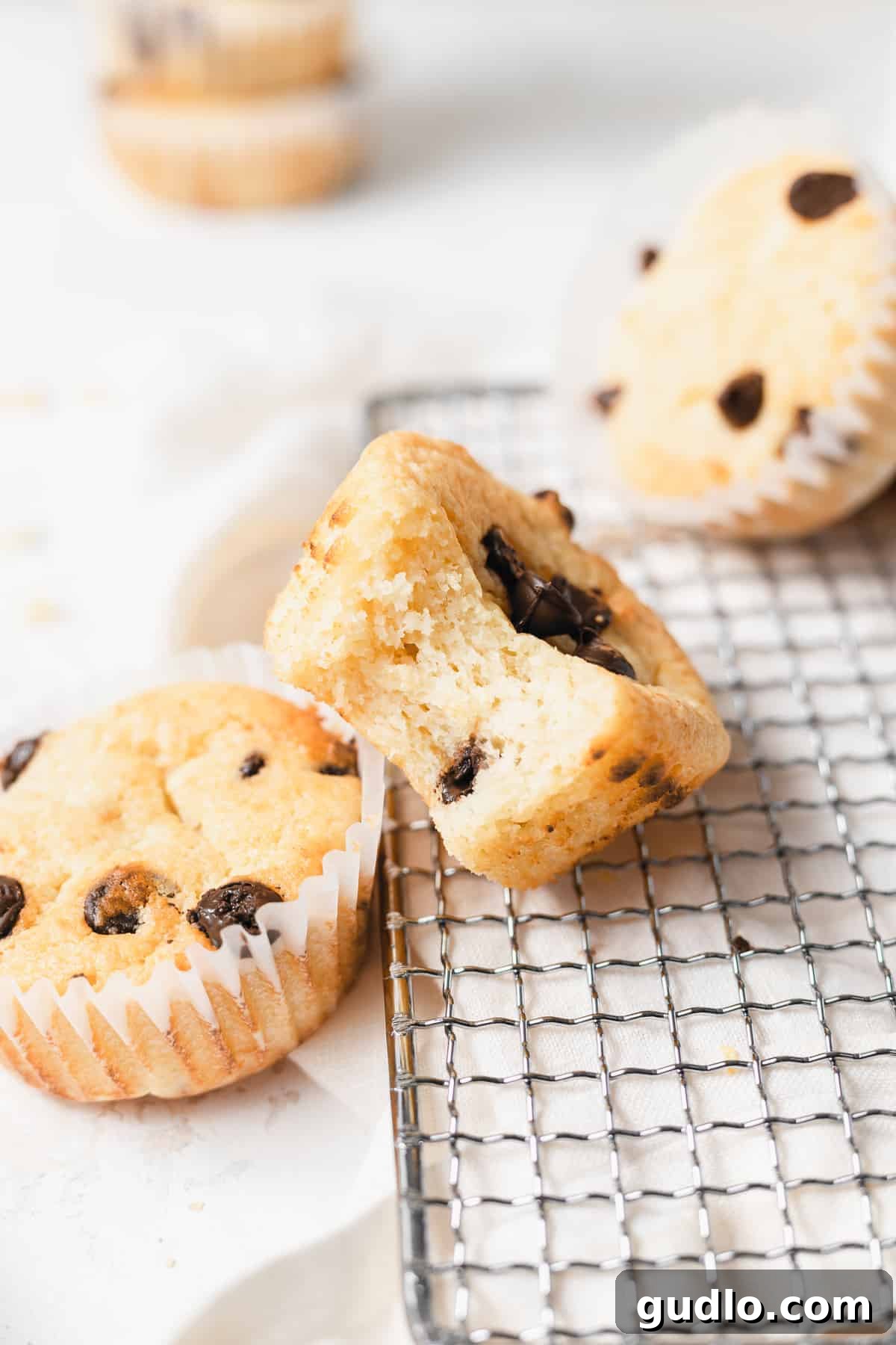 A Bite of Ricotta Muffin A chocolate chip ricotta muffin with a delightful bite taken out of it, revealing its fluffy interior and melted chocolate chips.