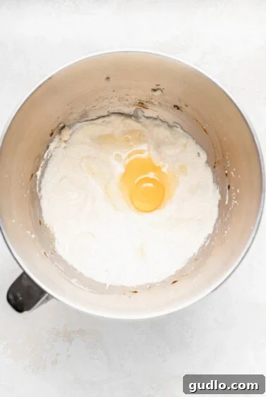 An egg cracked into a mixing bowl, ready to be incorporated into the chocolate chip ricotta muffin batter, highlighting the creamy base.