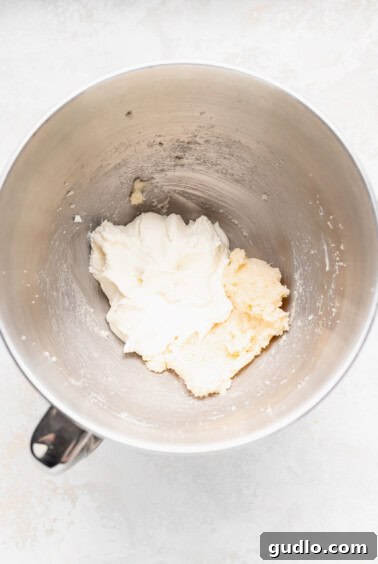 A metal mixing bowl filled with the luscious chocolate chip ricotta muffin batter, showing the perfect consistency before baking.