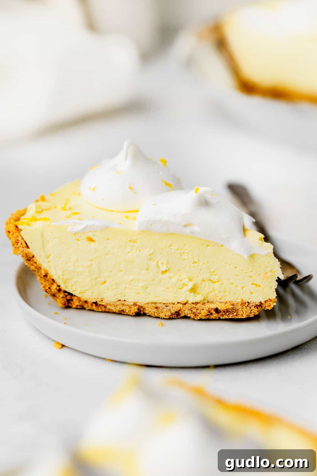 A beautifully sliced cream cheese lemonade pie, garnished with fresh lemon zest, served on a white plate, ready to be enjoyed.