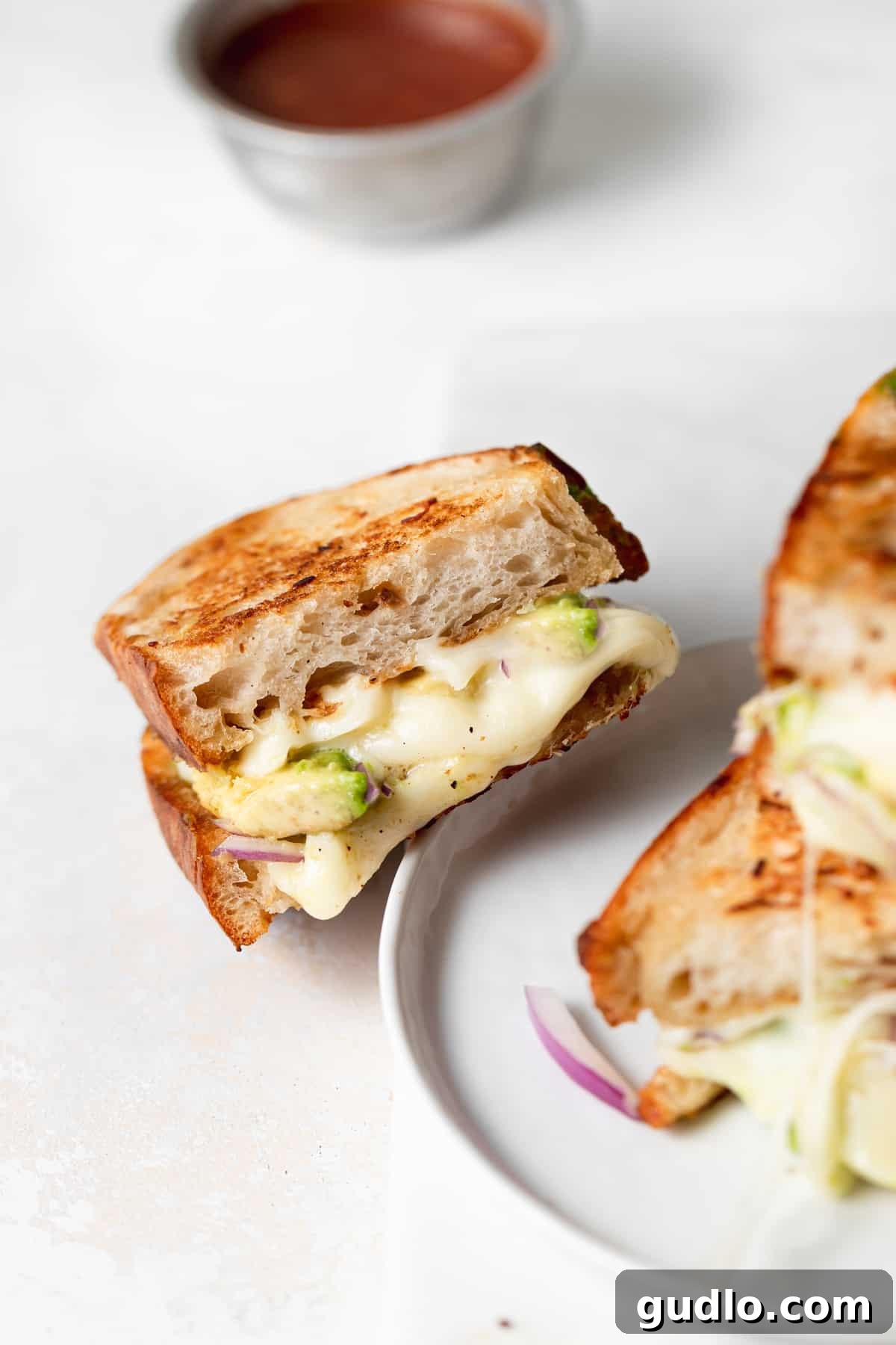 Avocado Grilled Cheese with Salsa Dip A perfectly golden-brown avocado grilled cheese, sliced diagonally and served on a plate with salsa.