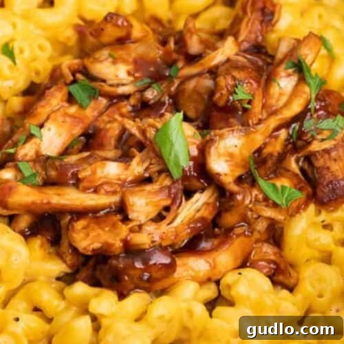 A tantalizing bowl of macaroni and cheese with shredded BBQ chicken on top.