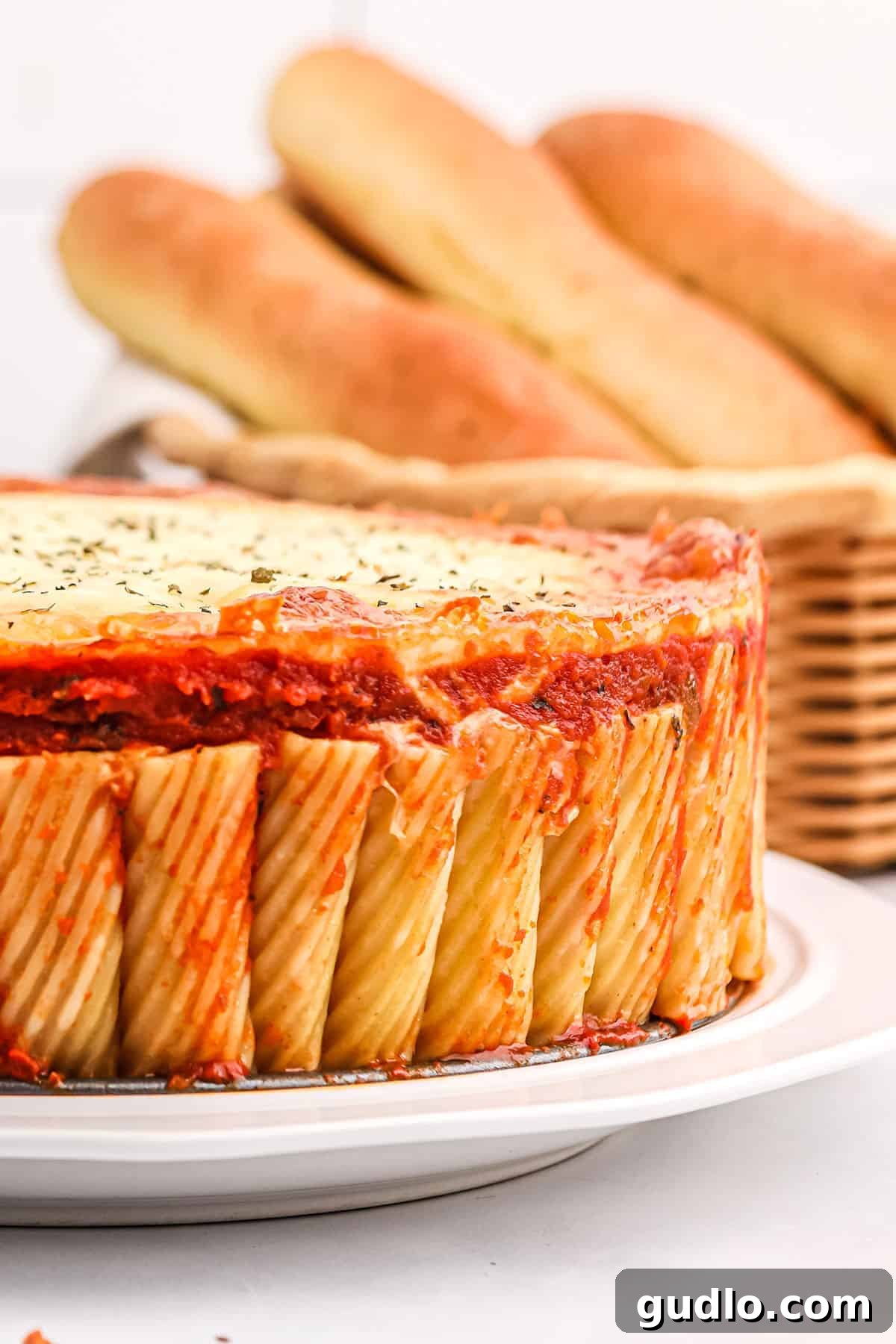 Rigatoni Pie: A fun, cheesy, baked pasta dish also known as Honeycomb Pasta, made with marinara and mozzarella. Close-up of baked rigatoni pie with golden, bubbling cheese on top, ready to be served.