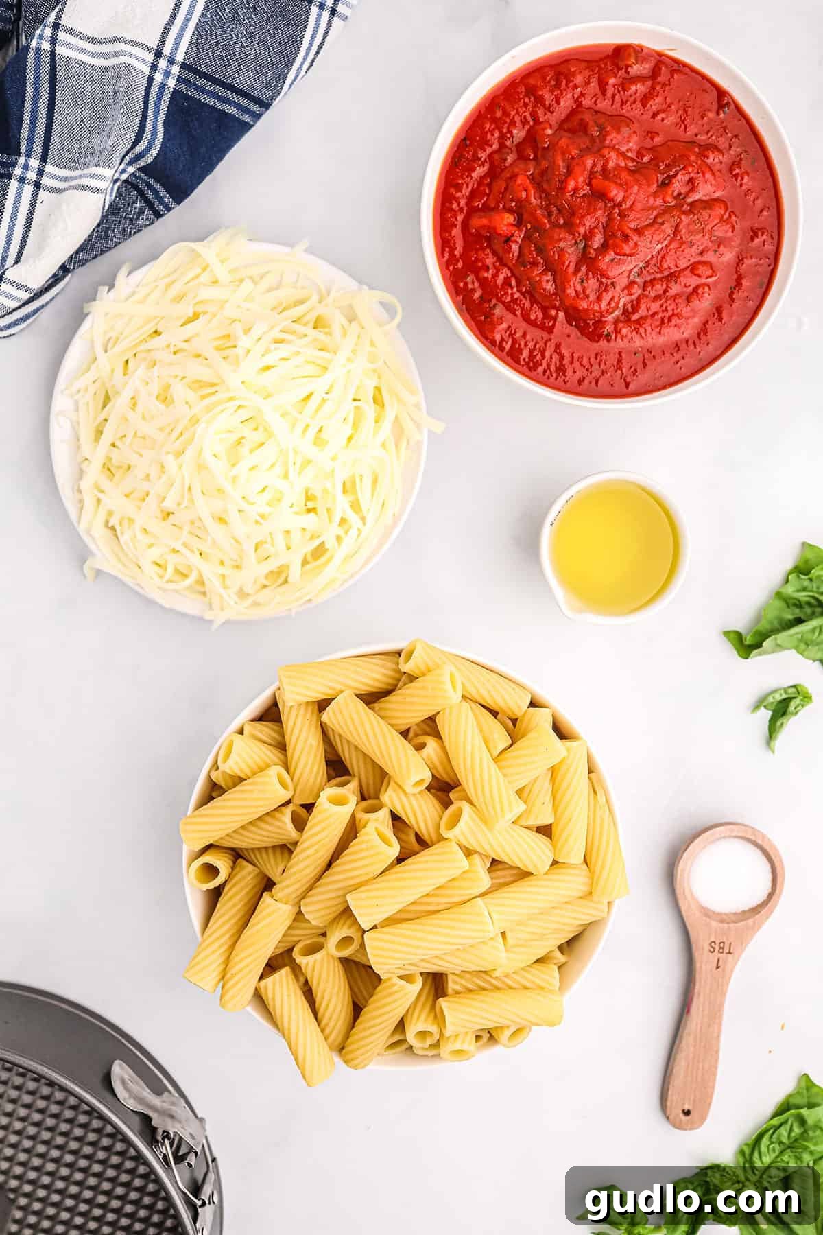 Main ingredients: pasta, cheese, olive oil, and sauce for making Rigatoni Pie (Honeycomb Pasta). Assortment of main ingredients for rigatoni pie: rigatoni pasta, marinara sauce, olive oil, and shredded mozzarella cheese.