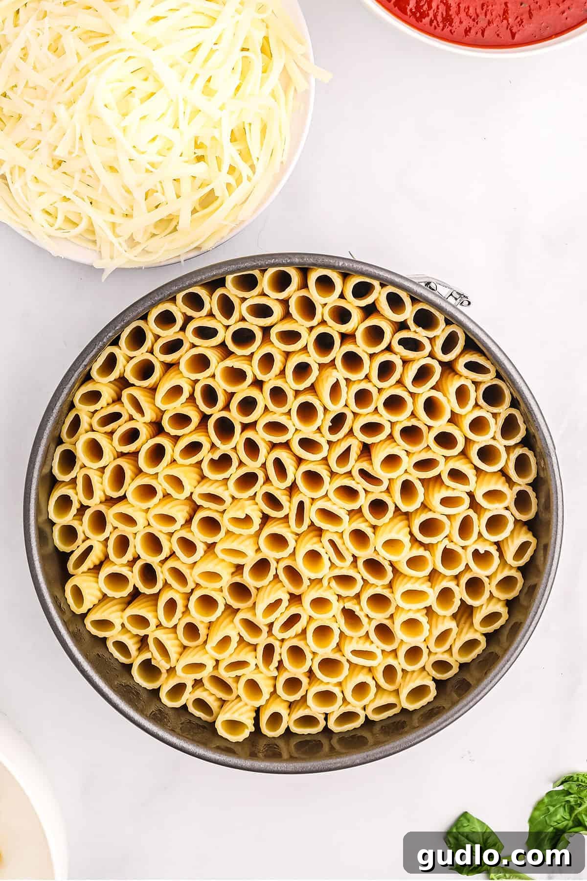 Arranging rigatoni noodles in a springform pan for Honeycomb Pasta. Rigatoni noodles meticulously arranged upright in a round springform pan, ready for sauce and cheese.