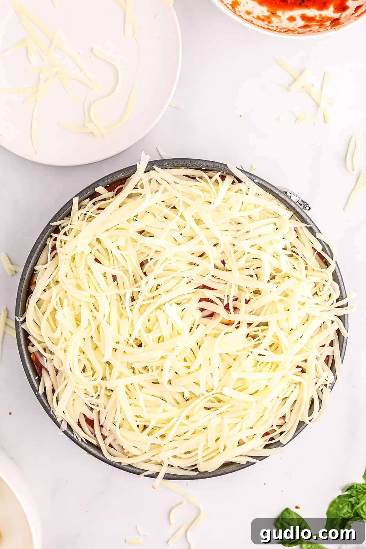 Cheese on top of pasta in pan, preparing to bake Honeycomb Pasta. Close-up of shredded mozzarella cheese generously sprinkled over rigatoni noodles in a springform pan before baking.