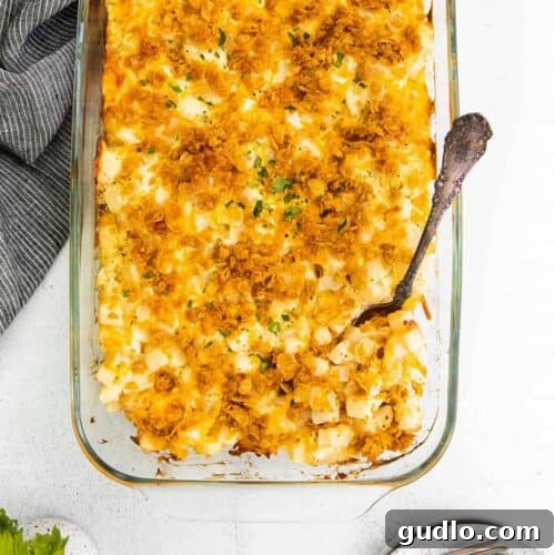 Crispy Golden Cheese Potatoes 2 Close-up of baked cheesy hashbrown casserole with golden crispy topping.