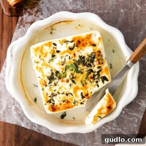 Grilled feta in a casserole dish, showing its gooey, salty, and delicious texture.