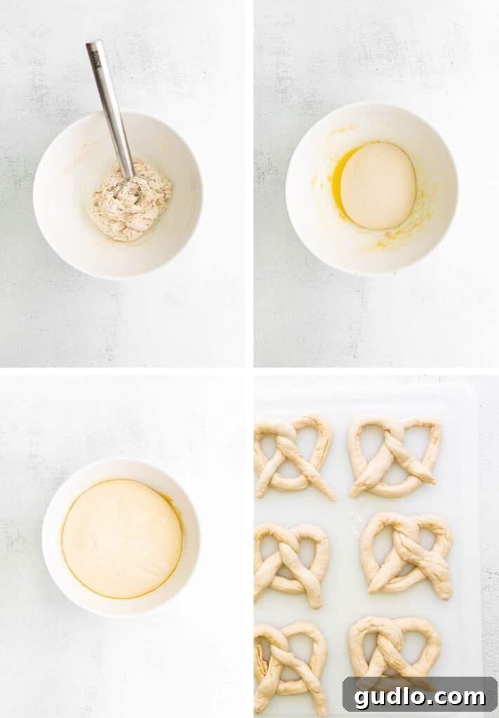 Pizza soft pretzels are such a fun snack or appetizer to make. They're made with a classic soft pretzel base and topped with pizza toppings! A step-by-step tutorial showing the process of making soft pretzels, from kneading dough to shaping the classic pretzel form.