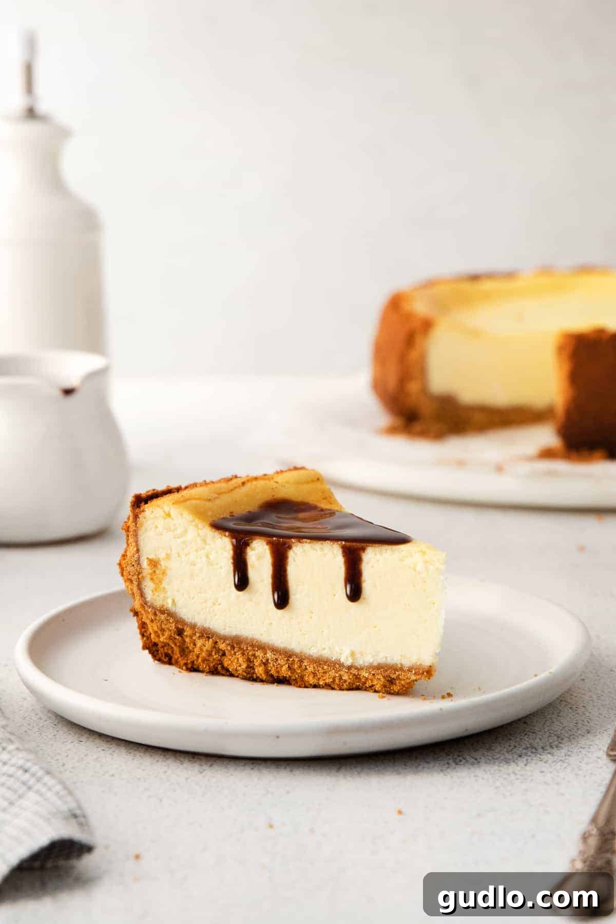 A slice of classic cheesecake beautifully drizzled with chocolate sauce, highlighting its creamy texture.