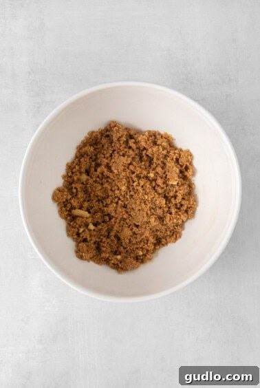A white bowl filled with graham cracker crumbs and melted butter, ready for mixing.