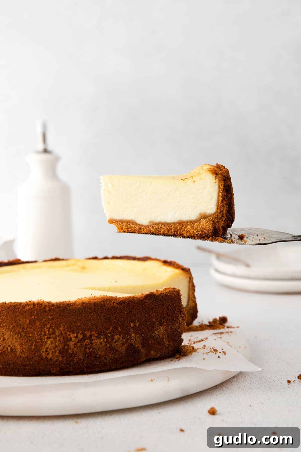 A spatula gently lifting a perfect piece of cheesecake from the pan, ready to be served.