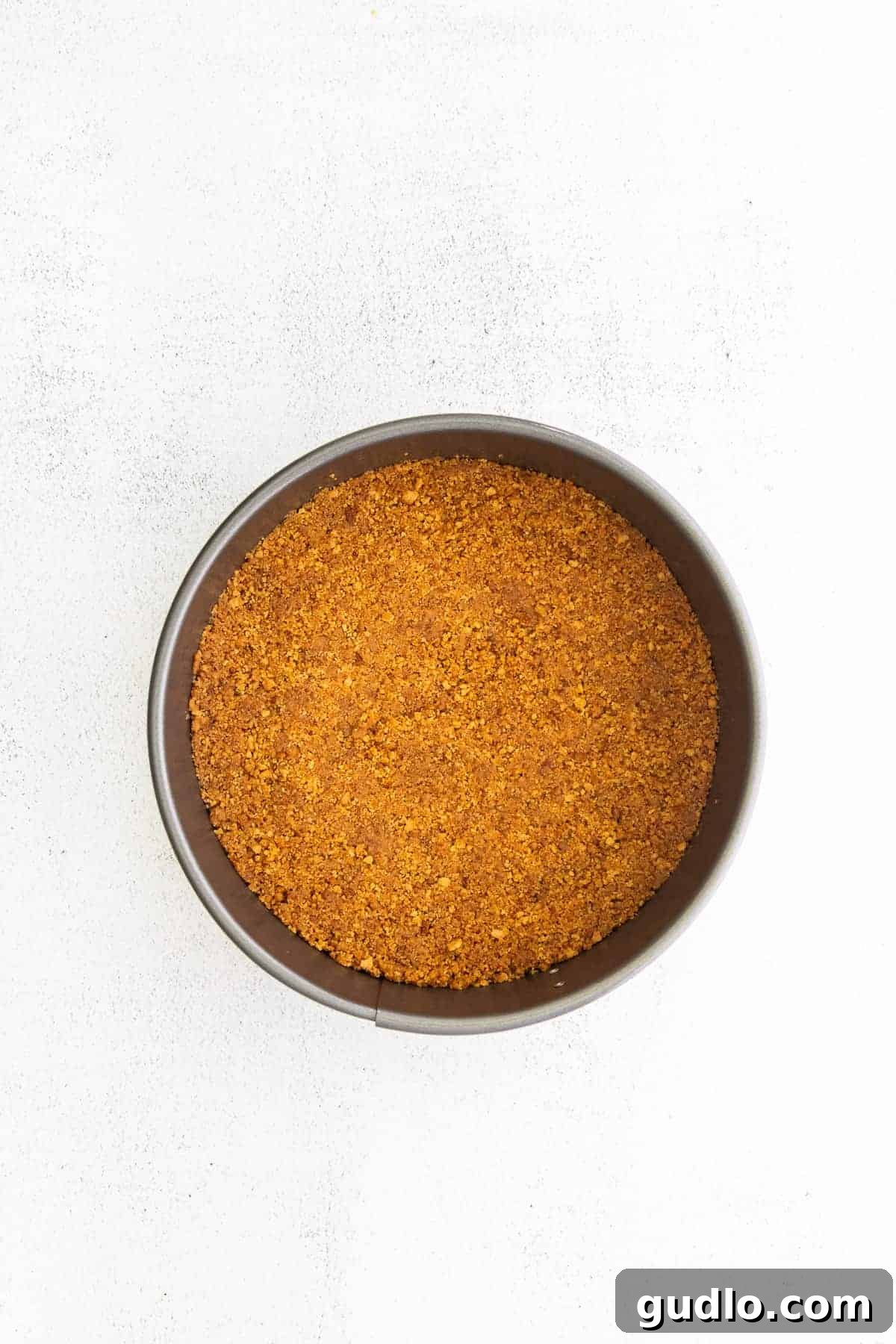 Ginger Snap Crust in Springform Pan Finely crushed ginger snap cookies mixed with melted butter, pressed evenly into the bottom of a 9-inch springform pan, ready for pre-baking.