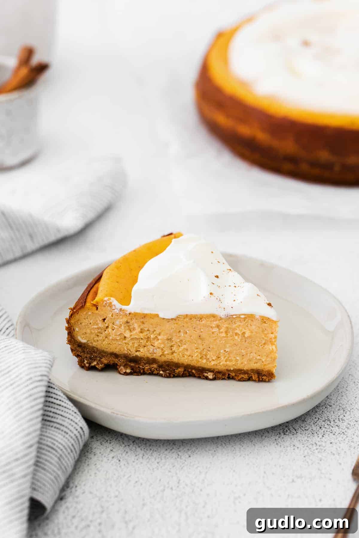 Perfectly Sliced Chai Pumpkin Cheesecake A single slice of Chai Pumpkin Cheesecake, exquisitely presented on a pristine white plate, with a subtle garnish, highlighting its rich texture and inviting fall colors.