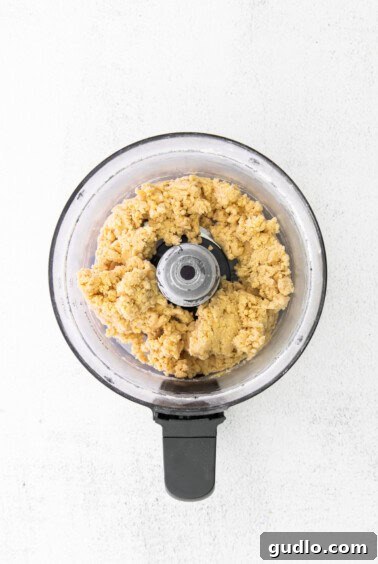 Cannoli dough being processed in a food processor, showing the butter breaking down.