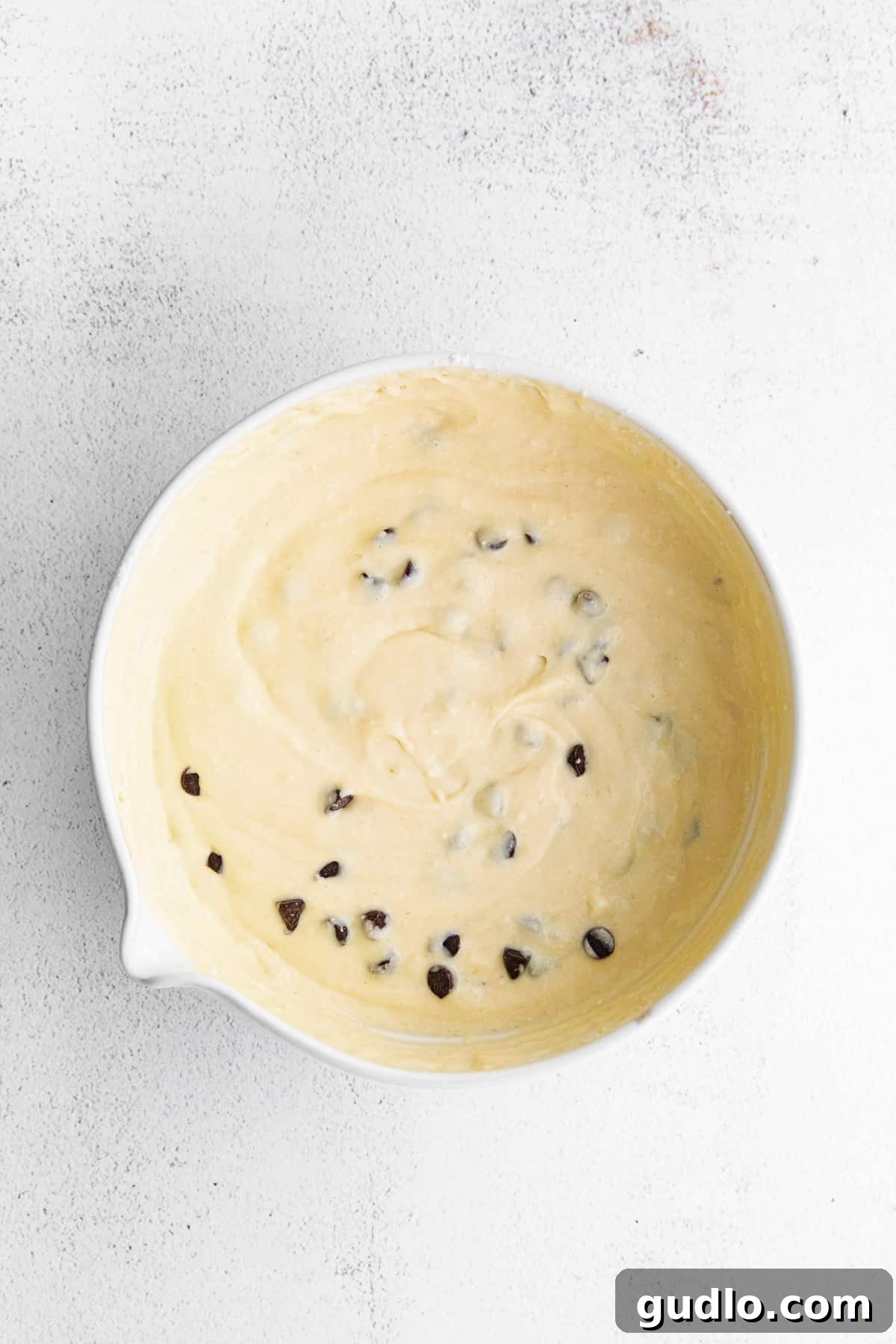 Luscious Pancake Batter with Ricotta and Chocolate Chips Thick, creamy chocolate chip ricotta pancake batter in a large white mixing bowl, ready to be cooked.