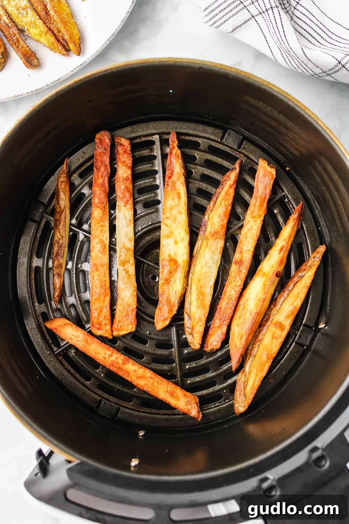 Perfectly cooked golden-brown fries freshly removed from the air fryer.