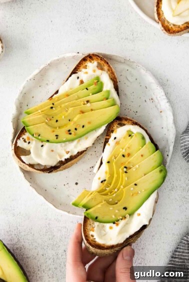 Ricotta Toast: Sweet and Savory Delights 13 avocado toast on a plate with a hand holding it.