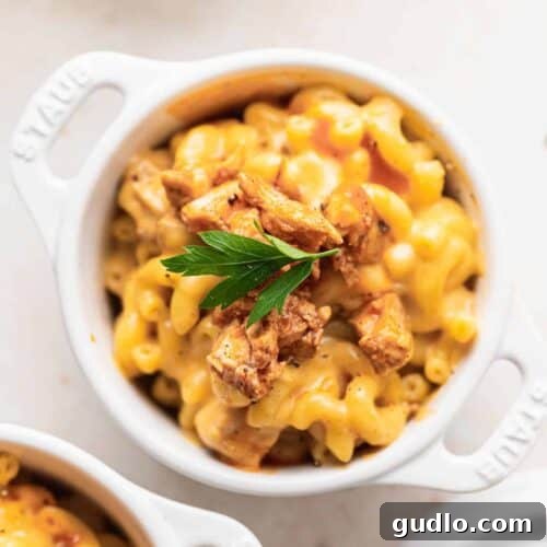 A vibrant bowl of Buffalo Chicken Mac and Cheese, showcasing the rich, creamy texture and tender chicken pieces, ready for serving.