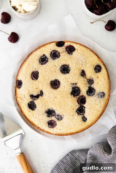 Velvety Cherry Ricotta Bliss 12 A beautifully baked Cherry Ricotta Cake served on a plate with a knife alongside, ready to be enjoyed.