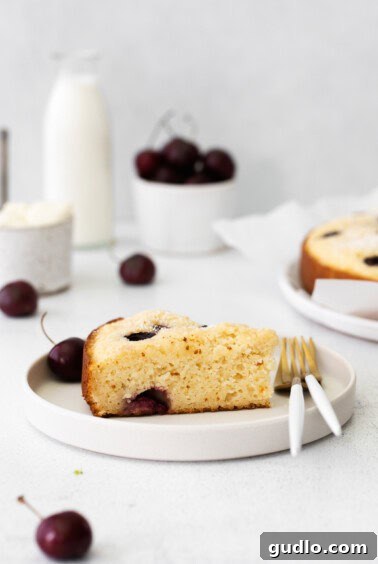 Velvety Cherry Ricotta Bliss 13 A perfectly sliced Cherry Ricotta Cake on a serving plate, showing off its moist crumb and tender cherries.