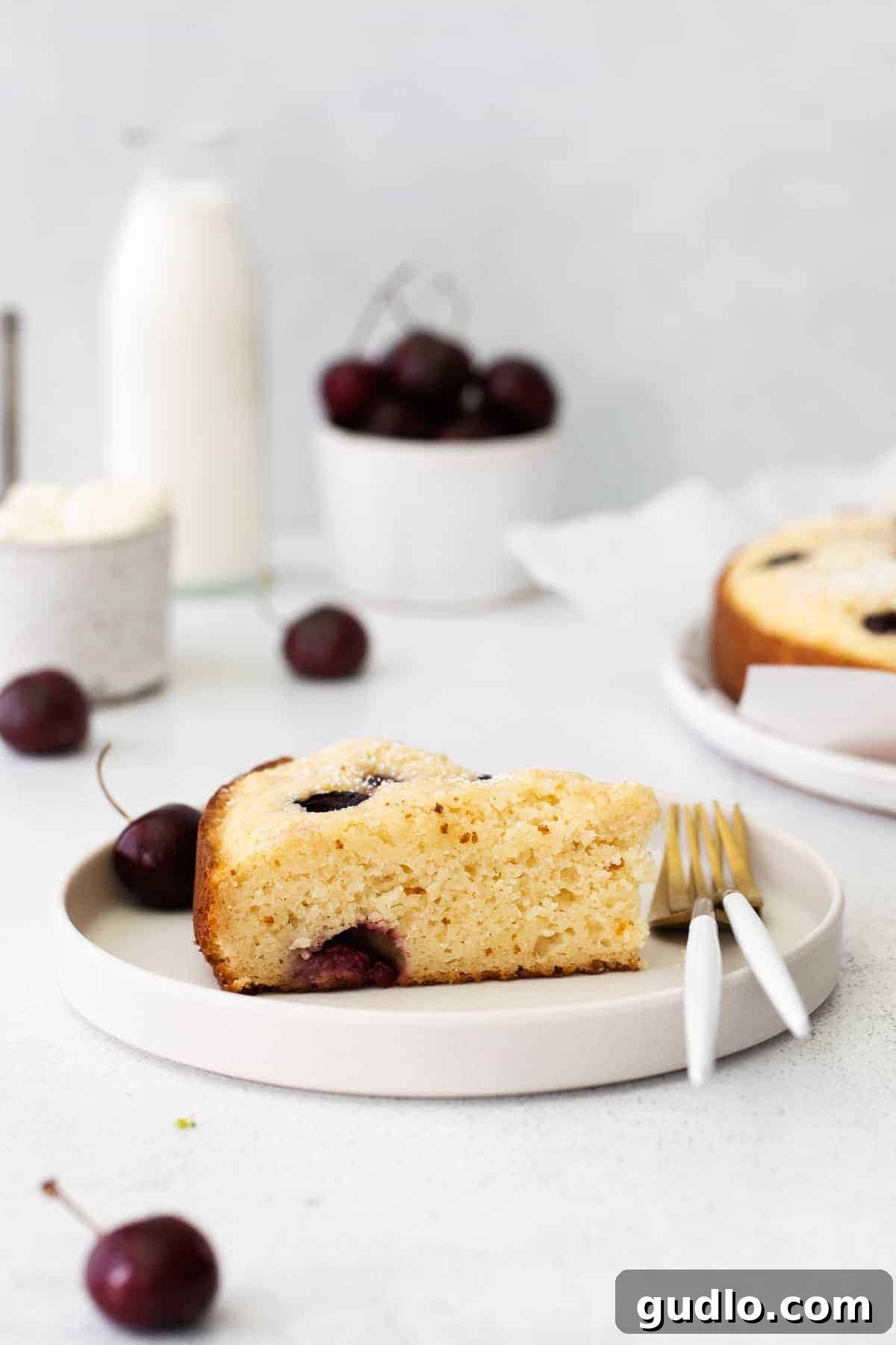 Velvety Cherry Ricotta Bliss 3 A perfect slice of Cherry Ricotta Cake on a pristine white plate, showcasing its moist texture and juicy cherry pieces.