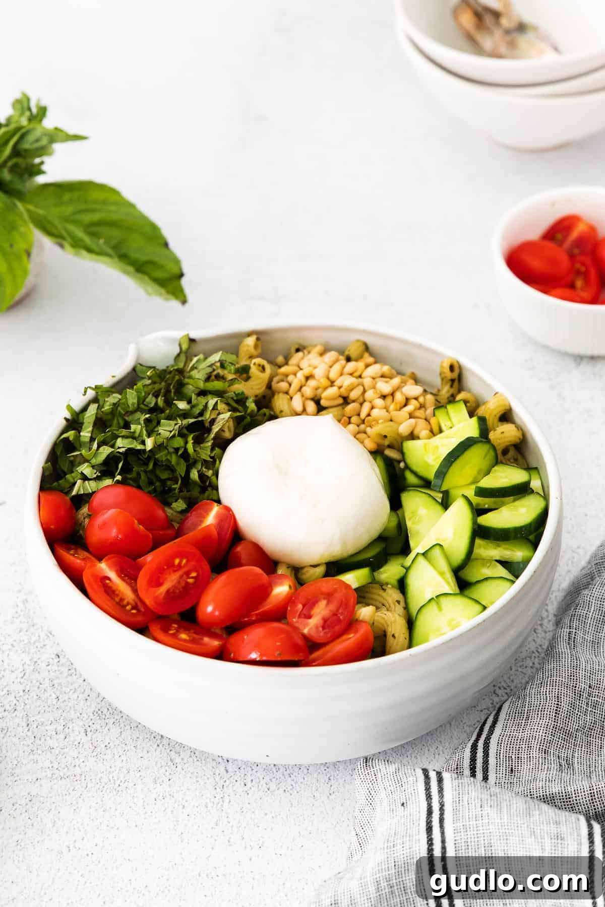 Close-up of Pesto Pasta Salad with Burrata Another perspective of the delicious pesto pasta salad with burrata, showcasing its vibrant colors and creamy texture in a serving bowl.