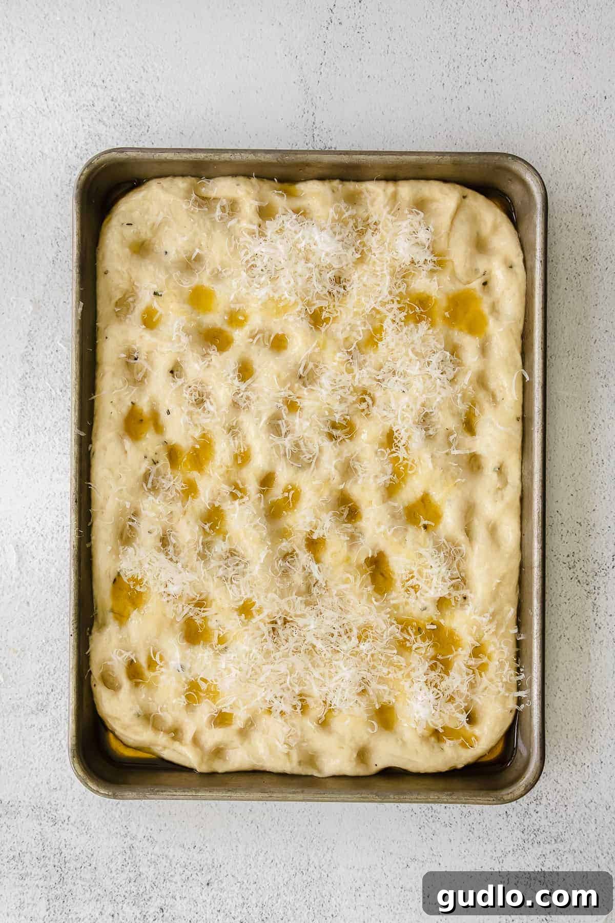 Baked Focaccia Bread in Pan Freshly baked focaccia bread in the pan, golden brown with melted parmesan, olive oil, and crispy edges