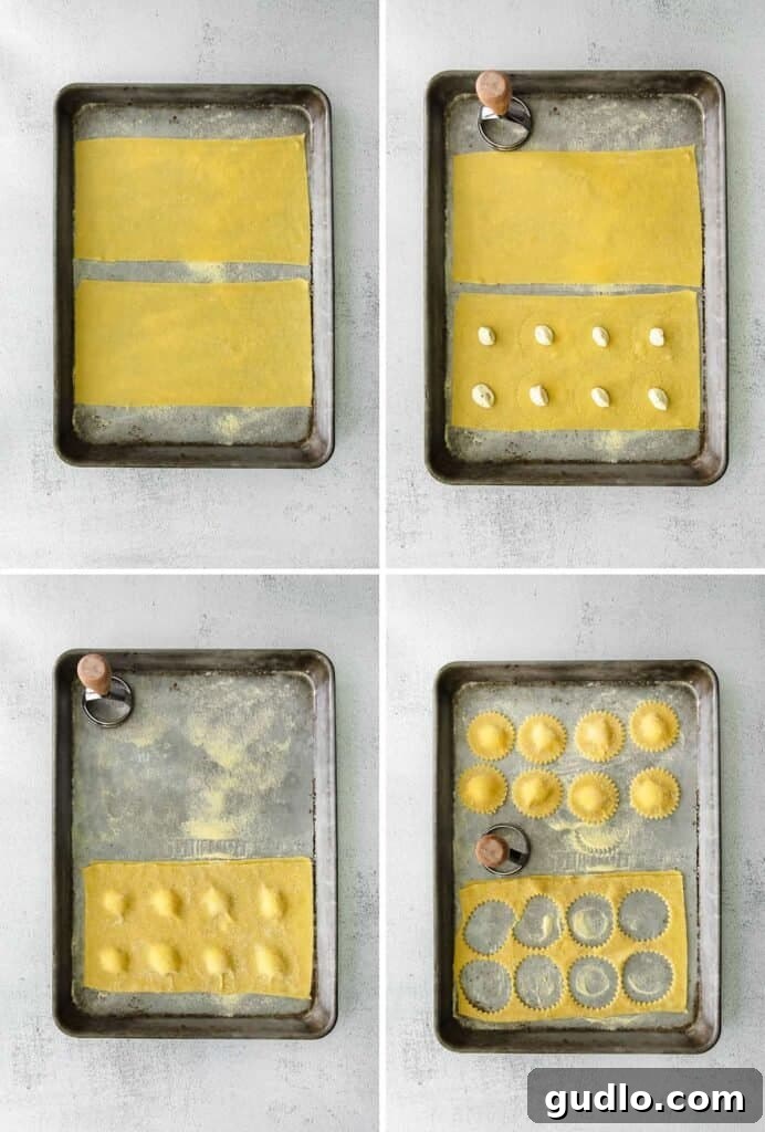 Tangy Goat Cheese Ravioli 2 A baking sheet laden with freshly cut, uncooked goat cheese ravioli, lightly dusted with semolina flour, ready for cooking.