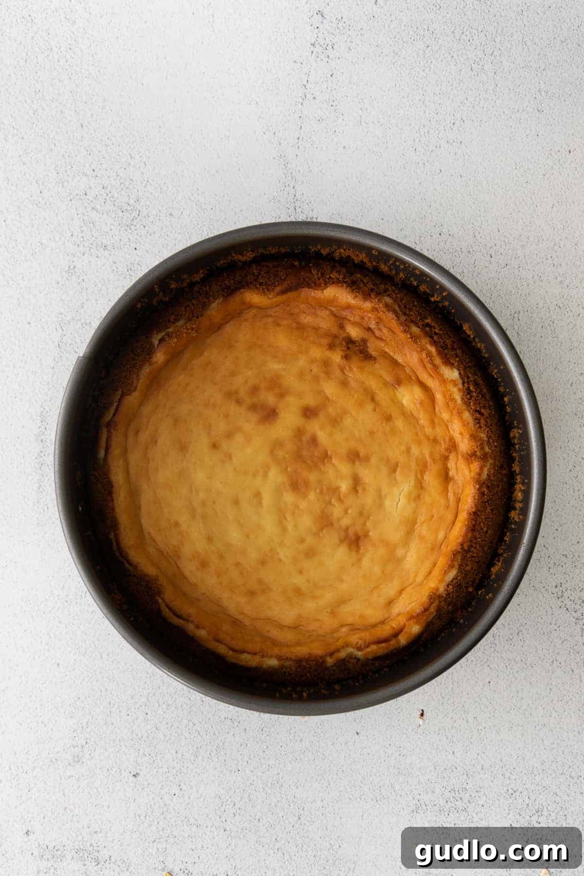 Salted Caramel Cheesecake Perfection 8 A freshly baked salted caramel cheesecake, golden brown on top with a perfectly set graham cracker crust.