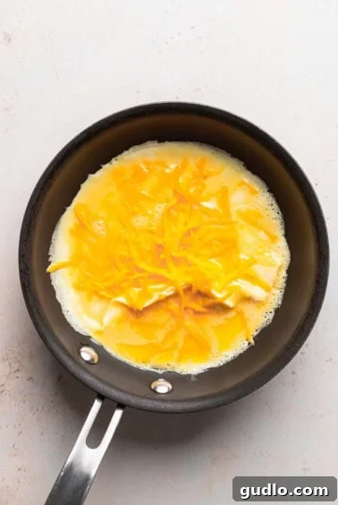 A cheese omelette frying in a pan, with shredded cheese melting over the top.
